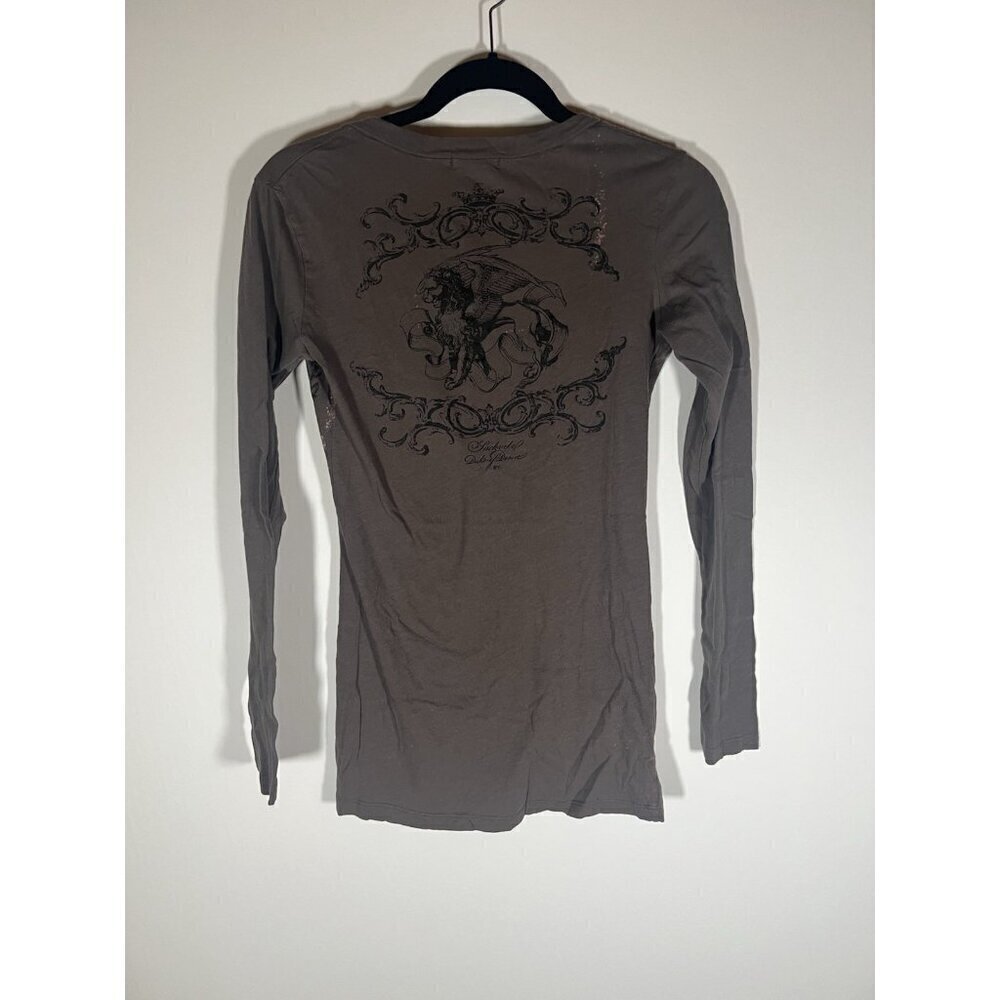 Vintage Y2K YAG gray v-neck striped retro Ed Hardy style grunge tshirt M